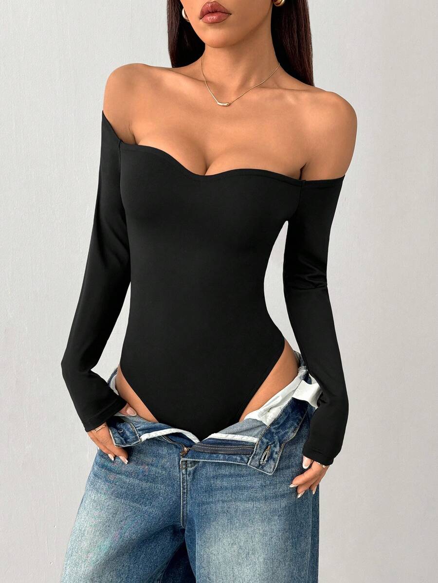 SHEIN PETITE 女士船领长袖紧身运动高弹力连体衣