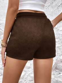 SHEIN LUNE Quần short thường ngày in họa tiết, tối giản và thời trang để mặc hàng ngày - Cà phê nâu - Xem 2