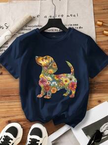 INAWLY Maglietta casual da donna con stampa del modello di cane bassotto - Blu Navy - Visualizzare 1