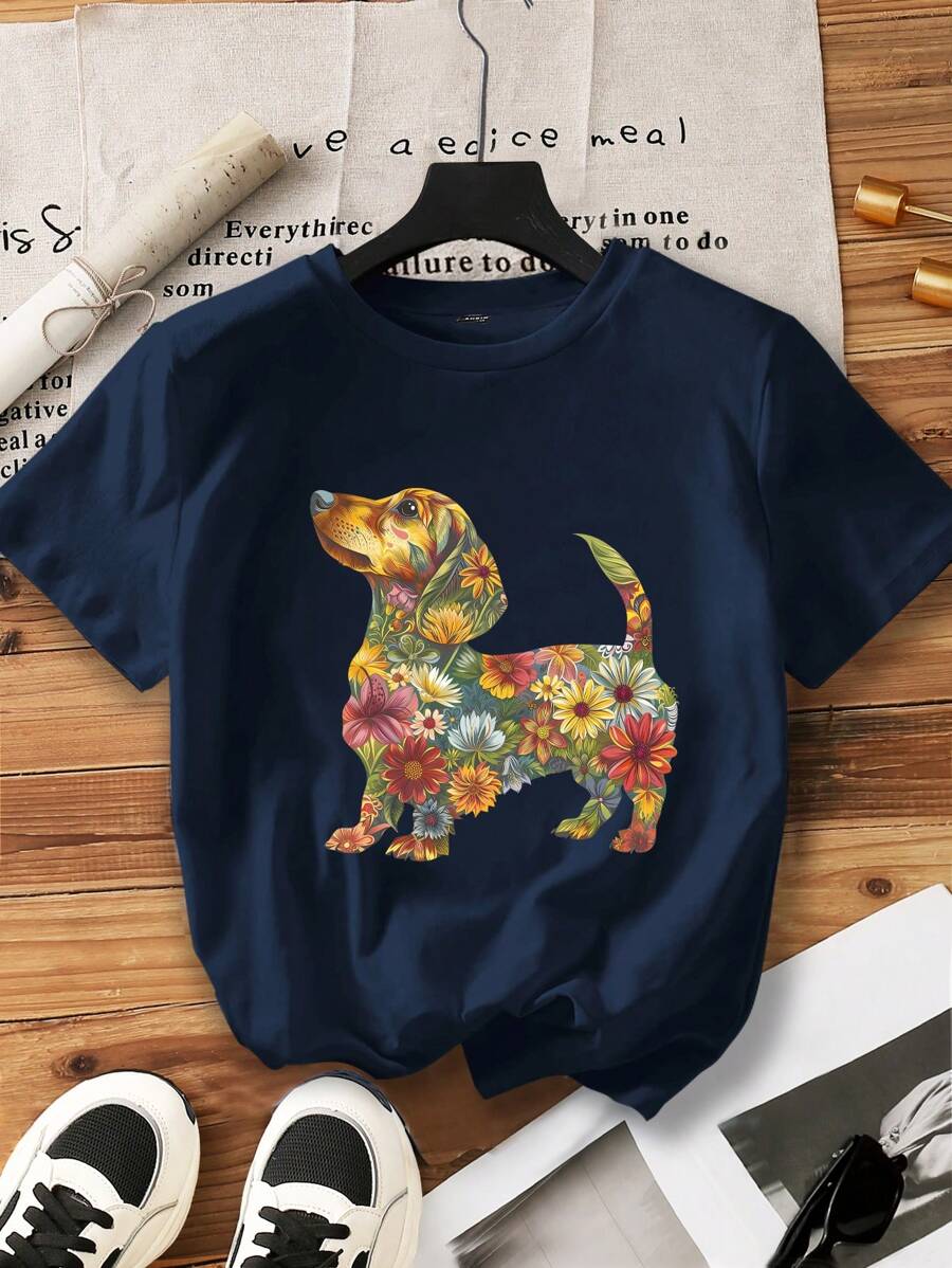 INAWLY Maglietta casual da donna con stampa del modello di cane bassotto - Blu Navy - Visualizzare 1