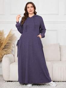 Lacomfia Plus Size Women Drawstring Hooded Long Sleeve Solid Color Tie Side Casual Sweatshirt Dress For Autumn/Winter