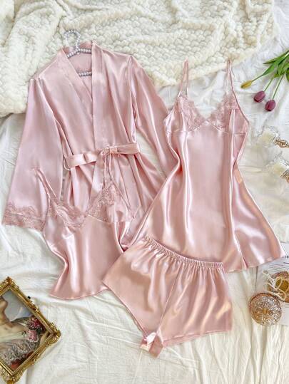 SilkySpell 4 pièces Set : Robe de chambre en faux soie à col V brodé, Débardeur avec short, et Robe de chambre, Ensemble de pyjama rose, Vêtements d'automne