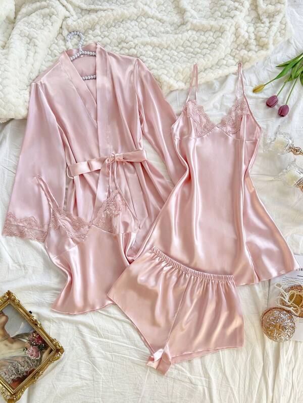 SilkySpell 4pcs Set: Embroidered V-Neck Faux Silk Slip Dress, Camisole With Shorts, And Robe, Pink Pajamas Set