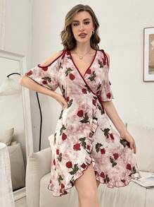 SHEIN Women's Off Shoulder Side Tie Rose Floral Print Wrap Robe Perfect Summer - Burgundy - View 4