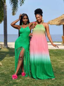 Slaydiva 大码女式渐变色褶皱宽松领带夏季度假连衣裙