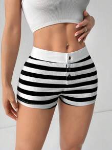 SHEIN PETITE Black & White Striped Casual Low Waist Shorts