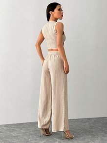 SHEIN PETITE 无袖纯色开衫和裤子套装 - 卡其色 - 查看 2