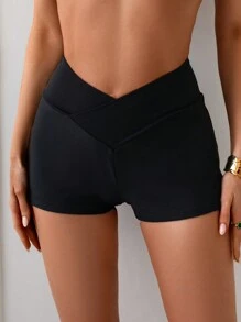 Swim SPRTY Summer Women Plain Color Crossed Waist Boyshort Swim Bottom - Black - View 1