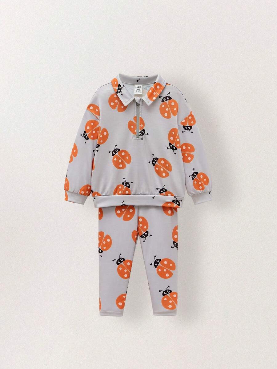 SHEIN Infant/Toddler Boys' Front Zipper Long Sleeve All Over Print Minimalist Top And Pants Set - Multicolor - View 1