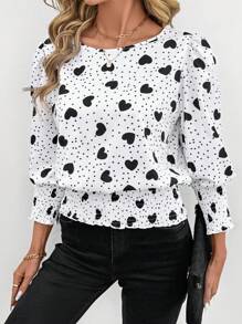 SHEIN LUNE Spring Women Outfits Valentine's Day Spring Valentine's Day Heart Print Lantern Sleeve Women's Blouse - Multicolor - View 4