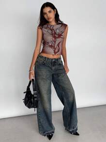 Siren Gaze Summer Casual Floral Print Mesh Crop T-Shirt Christmas Flower Red New Year Vacation Valentine's Day Holiday Resort - Red - View 4