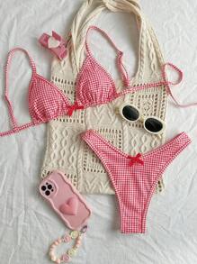 Swim Mod Women Summer Random Red Plaid Spaghetti Strap Bow Cute 2pcs Bikini Set - Red and White - View 1