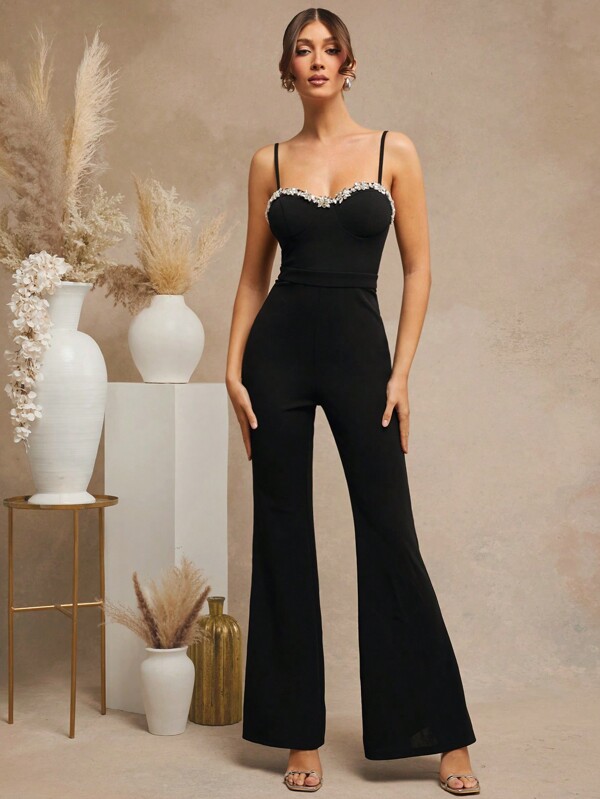 L'Amorae Elegant Sexy Sweetheart Neckline Rhinestone Detail Valentine's Day Jumpsuit