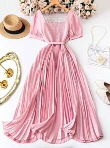 Celure Vintage Square Neckline Shirred Pleated Minimalist Elegant Dress