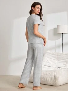 Solid Color Casual Brushed Side Slit Button Decor Women Pajama Set - Light Grey - View 2
