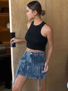 DAZY Falda vaquera con detalles de bolsillo lavada y desgastada para mujer, ropa de otoño - Azul - Ver 4