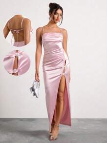 Glamine 新款浅粉色缎面露背吊带开衩高开衩手工立体蝴蝶结修身性感长裙，女士舞会礼服，约会礼服，四季成人服装，女士端庄连衣裙，情人节礼服，情人节服装 - 淺粉色 - 查看 1