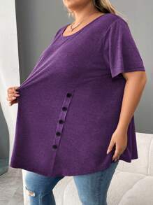 SHEIN CURVE+ 大码纽扣细节不对称下摆 T 恤 - 紫色 - 查看 4