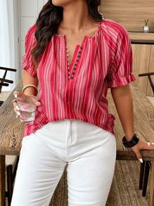 Weeklong Plus Size Striped Print Decorated Raglan Sleeve Shirt - Red and White - View 6