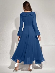 Modelyn 女士优雅纯色喇叭袖荷叶边下摆连衣裙，秋季长款女装 - 藍色 - 查看 2