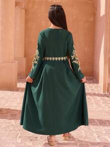 Tween Girl Patchwork Metallic Yarn Knit Dress - Green - View 2