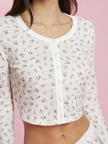 WESTFADE 春季花卉印花针织圆领长袖开衫上衣 - 藍色 - 查看 2