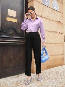 Mulvari Kemeja Lengan Panjang Polos Minimalis untuk Wanita, Cocok untuk Perjalanan Santai di Musim Gugur - Purple - View 5