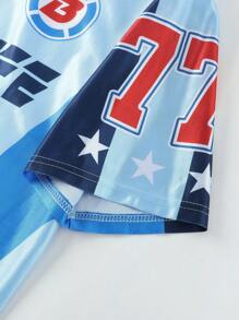 ROMWE MEN Prep Men's Jersey Loose Letter Print Short Sleeve Sports Polo Football Jersey Style Shirt, Streetwear Style - Blue - View 3