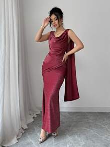SHEIN Unity 女士秋冬新年情人节深 V 领镂空丝带亮片派对酒红色连衣裙 - 紅色 - 查看 5