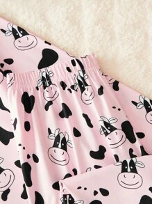 少女圆领长袖印花简约上衣和裤子睡衣套装 - 藕粉色 - 查看 3