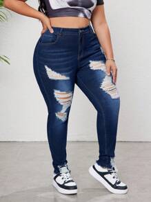 SHEIN CURVE+ سراويل جينز ممزقة كبيرة الحجم للنساء، جينز مطاطي ممزق مريح للغاية