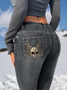 SHEIN PETITE Jeans de mezclilla azul de talle bajo, ajustados y elásticos, con diseño sexy para mujeres
