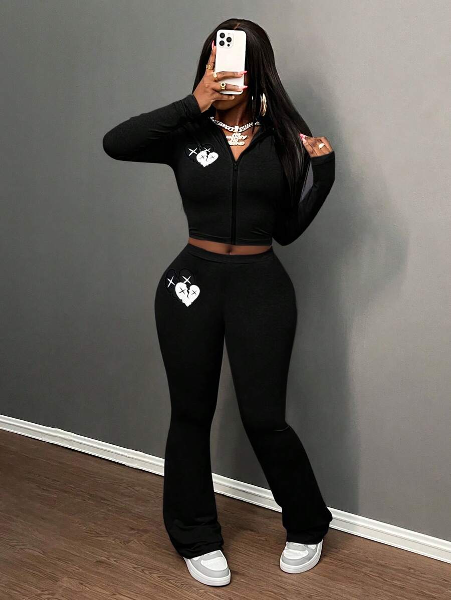 Slaydiva 2024 新款休闲基本款高弹力修身长袖拉链撞色心形印花上衣和裤子 2 件套女款