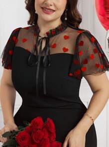 Ellevyn Plus Size Elegant Valentine's Day Heart Mesh & Flocked Patchwork Fitted Dress Outfit