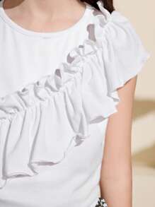 SHEIN Tween-Mädchen Lässiges Urlaubs-Set mit Rundhalsausschnitt, Kurzarm-Oberteil und Shorts mit Blumenmuster, 2-teilig - Weiss - Übersicht 2