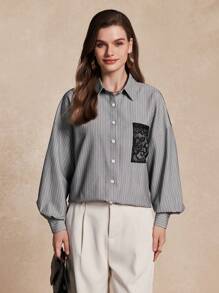 SHEIN Unity 女士条纹撞色蕾丝衬衫，休闲时尚，适合日常穿着 - 灰色 - 查看 3