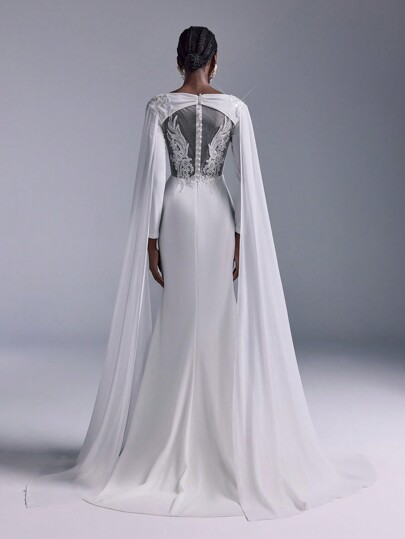 SHEIN Belle Elegant Luxurious Stretch Knit & Chiffon Sleeve Sexy Backless Beaded Lace Applique Design Slit Fishtail Maxi Dress With Train, Suitable For Wedding, Party, Prom, Honeymoon, Gala