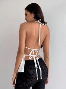 SHEIN Essnce Parte superior de mujer de halter con volante, de algodón puro blanco, para primavera y verano, para vacaciones, con espalda anudada, cintura fruncida, para la playa