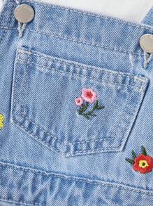 SHEIN Váy yếm denim xanh thêu hoa cho bé gái, váy hoa đồng quê cho bé gái, trang phục lễ hội đi biển cho bé gái - Rửa nhẹ - Xem 6