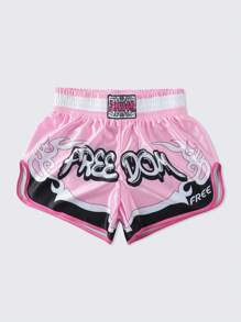 ROMWE MEN Street Life Teen Boy Letter Print Elastic Waist Loose Casual Shorts - Pink - View 1