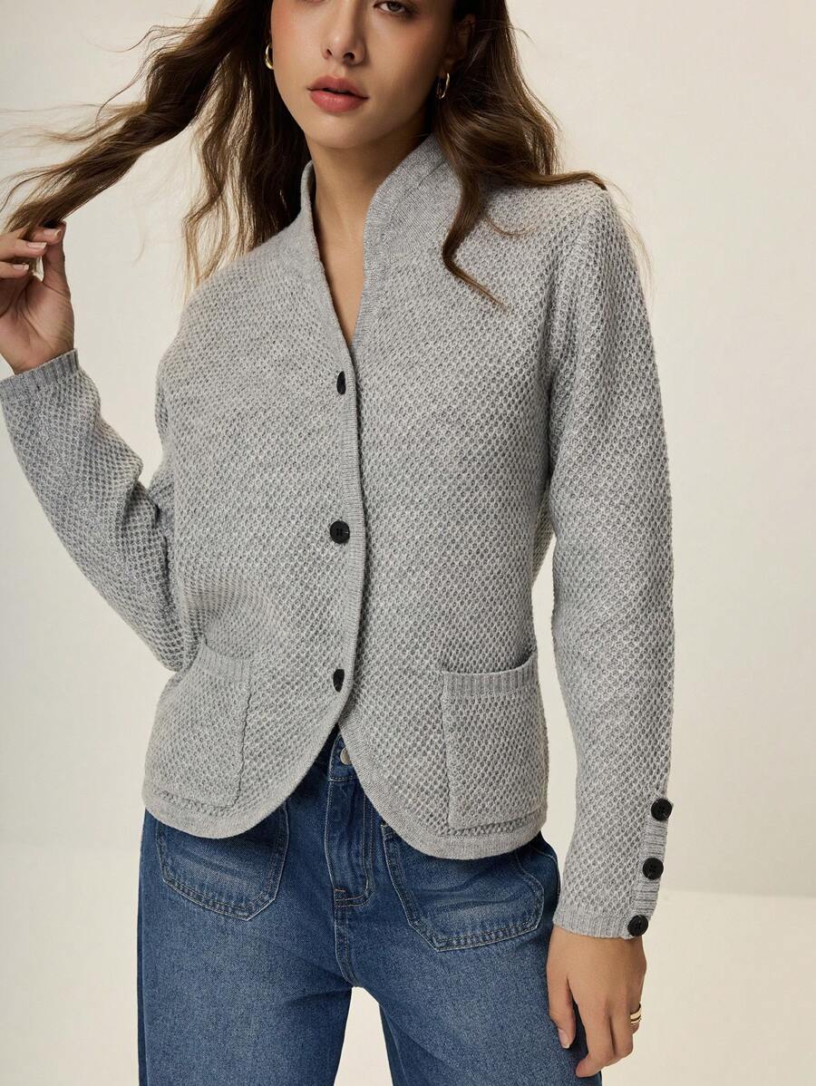 Poéselle Women's Casual Solid Color Cardigan With Pockets, Autumn/Winter - Grey - View 1