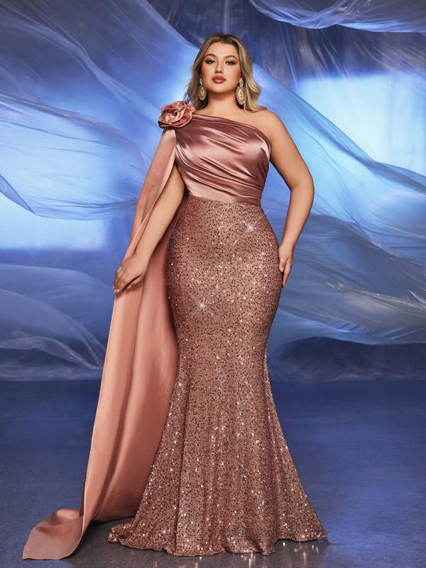 Glamrae Plus Size Elegant Champagne Asymmetric Shoulder Long Sleeve Draped Side Satin Mermaid Formal Gown, Wedding Guest Dress, Party Dress, Evening Dress