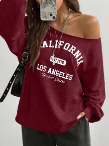 Coolane 女式秋冬休闲针织地名图案单肩运动衫 - 酒紅色 - 查看 4