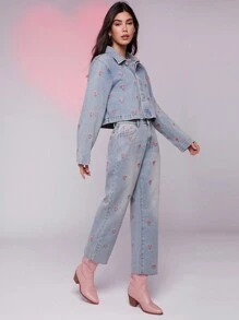 WESTFADE Summer Floral Embroidered High Rise Straight Leg Denim Jeans Country Concert  - Blue - View 1