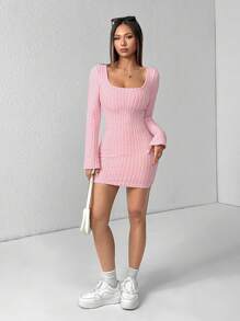 SHEIN PETITE Solid Scoop Neck Flare Sleeve Bodycon Dress