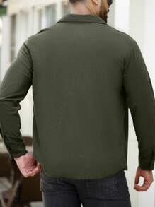 Manfinity Homme Plus Size Men's Solid Color Front Button Long Sleeve Pocket Simple Casual Shirt - Army Green - View 2