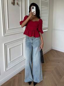 SHEIN Essnce Women's Solid Color Sweetheart Collar Short Sleeve Ruffle Hem Casual Blouse, Red Top