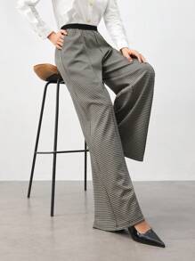 BizChic 女式千鸟格图案直筒裤，女士春夏办公服装 - 灰色 - 查看 1