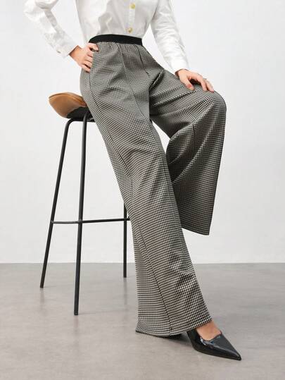 BizChic 女式千鸟格图案直筒裤，女士春夏办公服装