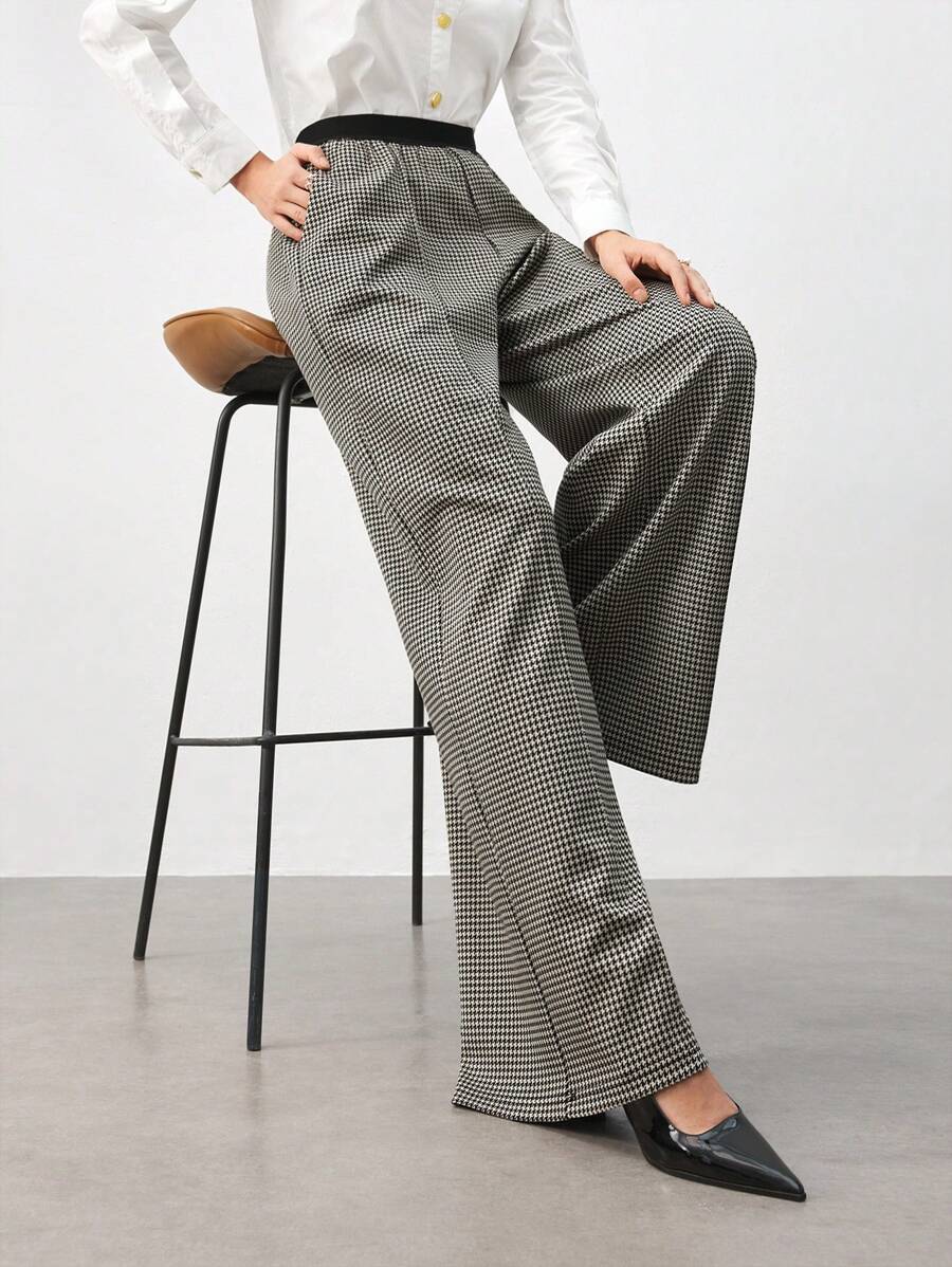 BizChic 女式千鸟格图案直筒裤，女士春夏办公服装 - 灰色 - 查看 1